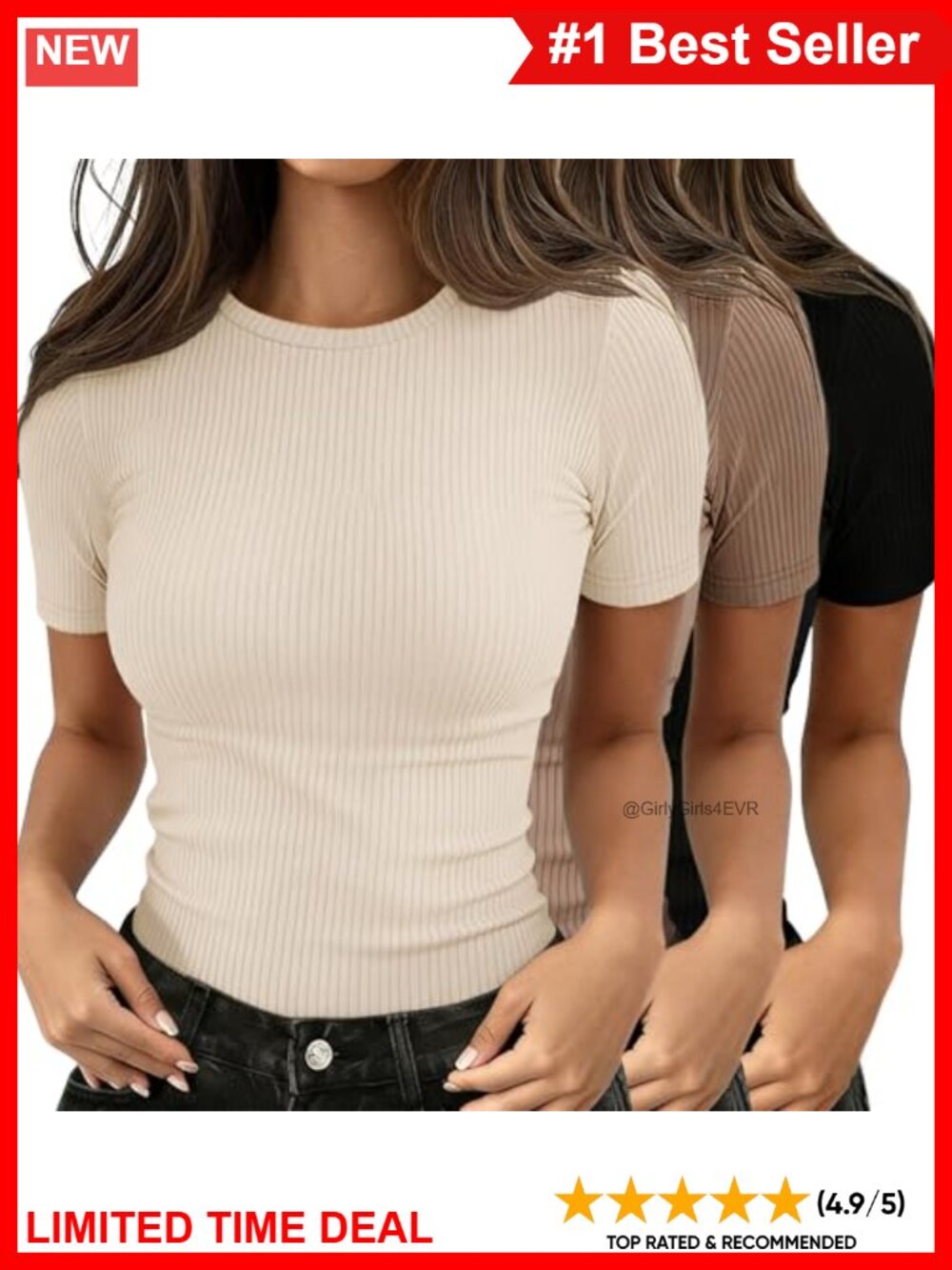 Women's Ribbed T-Shirts 3 Pack Cotton Crew Neck Short Sleeve Fitted Tops